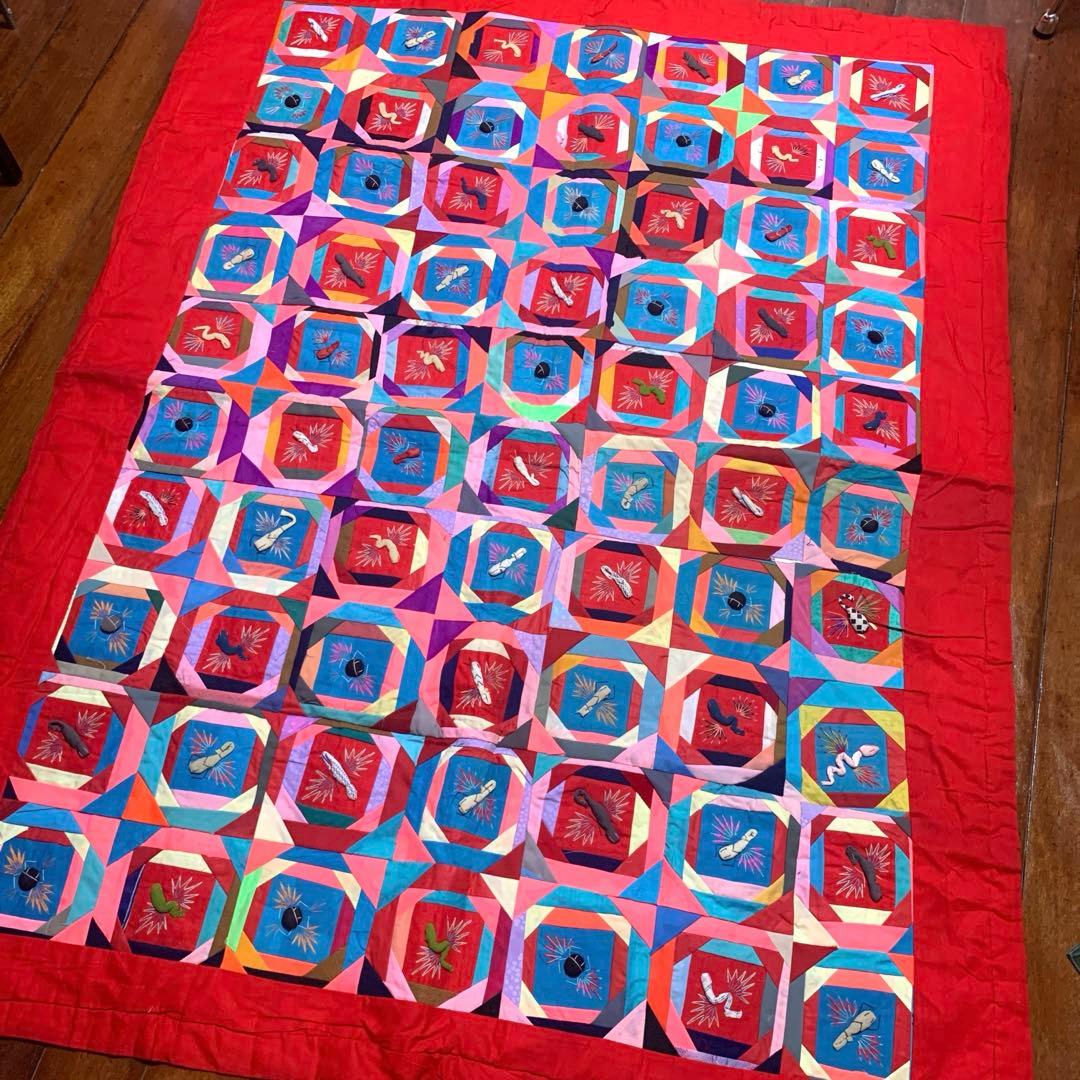 貴重！vintage♡パッチワークキルト大判　チャイナ刺繍　ラグ　ブランケット