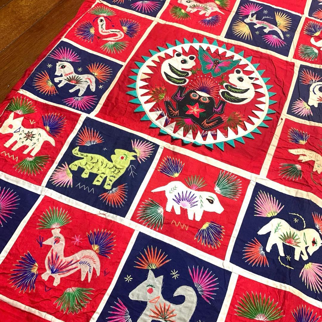 貴重！vintage♡パッチワークキルト大判　チャイナ刺繍　ラグ　ブランケット