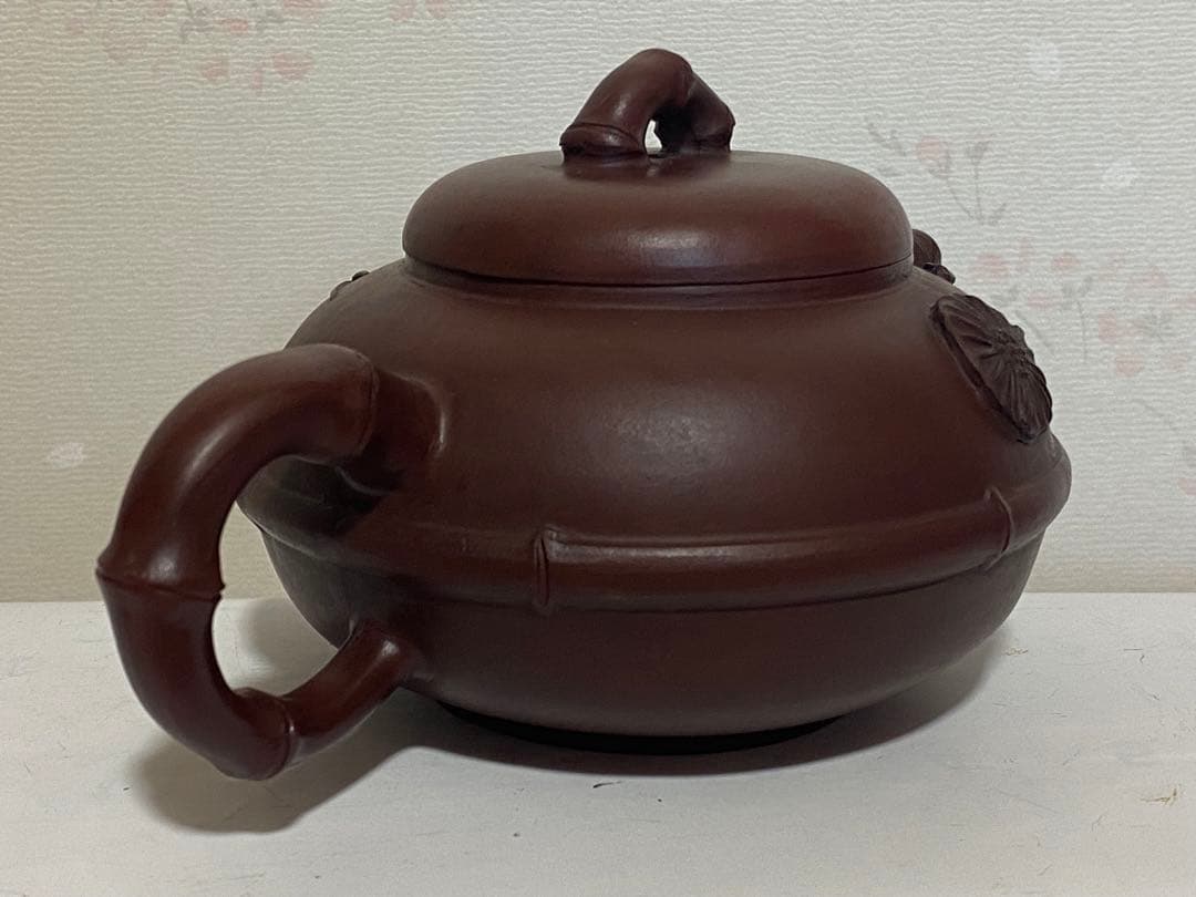 ♦中国？紫泥 梨地 紫砂 竹節 浮き彫り文様 茶壺？宜興窯 煎茶 茶道具 骨董品