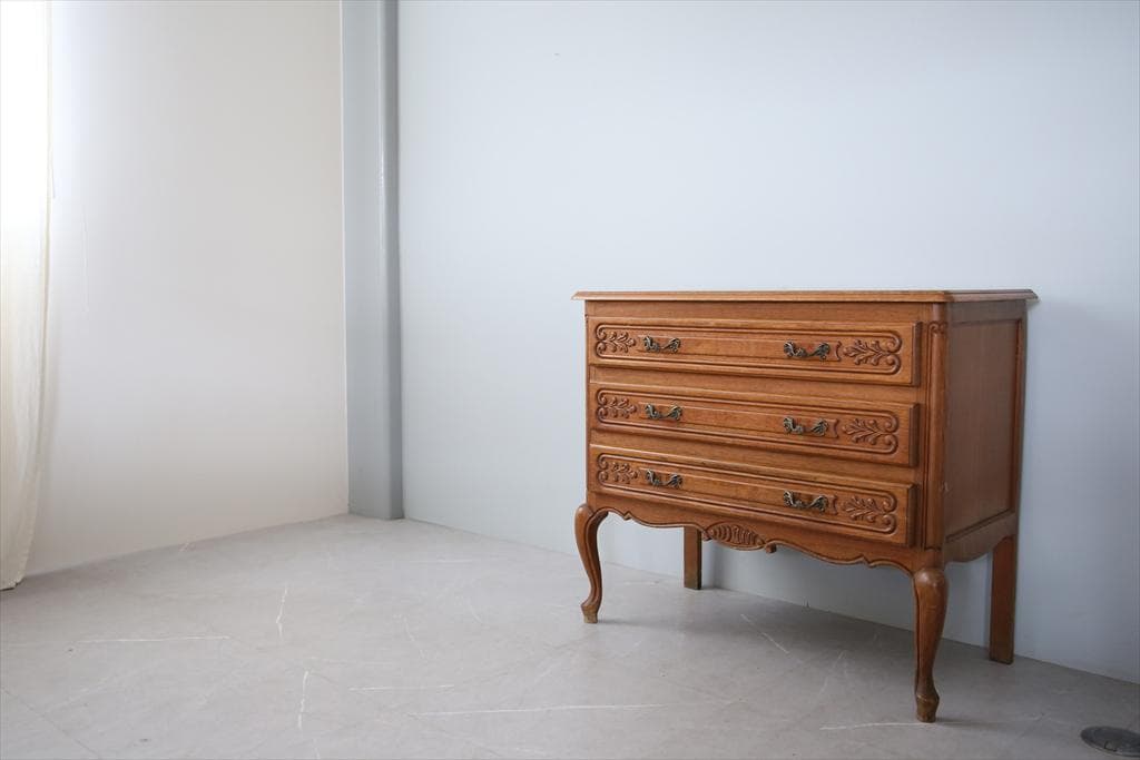 フランスアンティーク猫脚3杯ドロワー/木製チェスト/タンス/飾り棚(90-73)