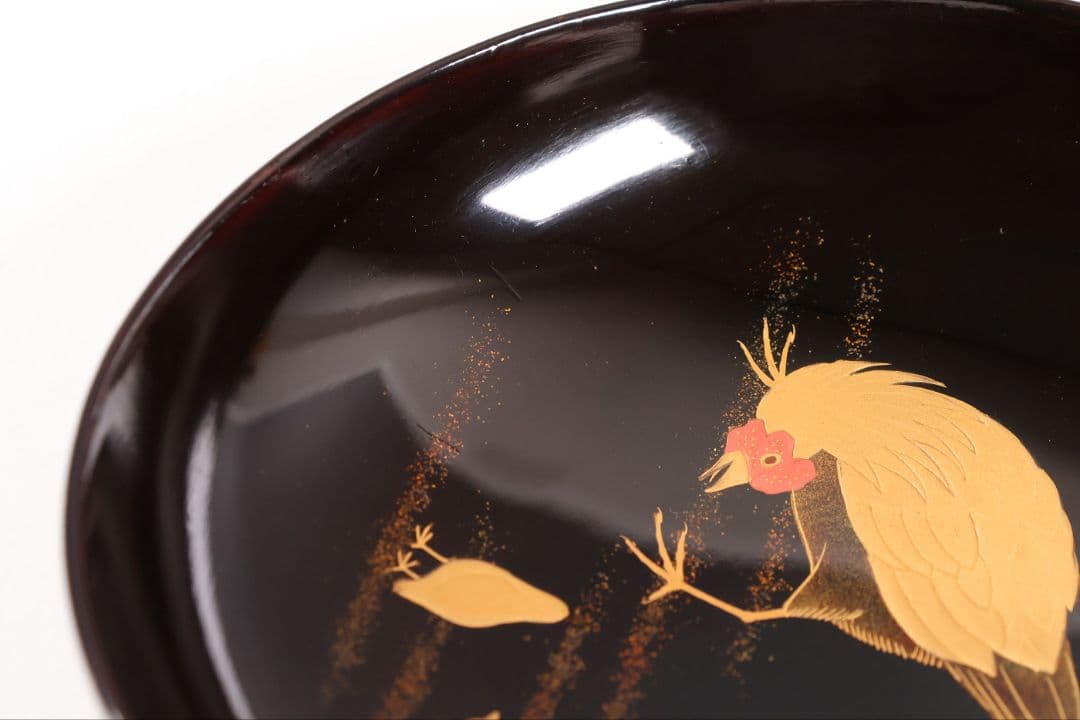 【CM352】時代蒔絵椀 竹に鶏金蒔絵 平椀二客 木製 /(検) 輪島塗加賀能登