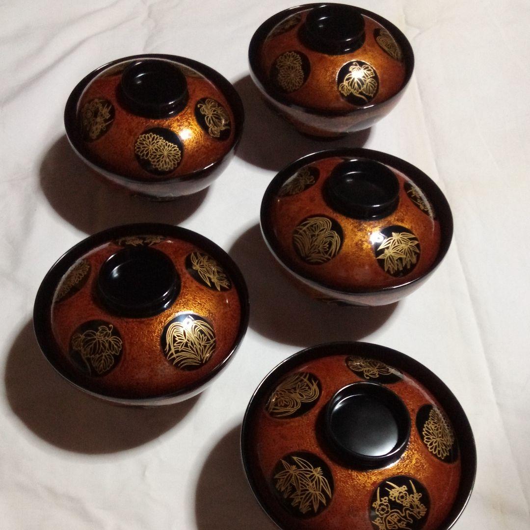 輪島塗蒔絵付　吸物椀五客　正喜作