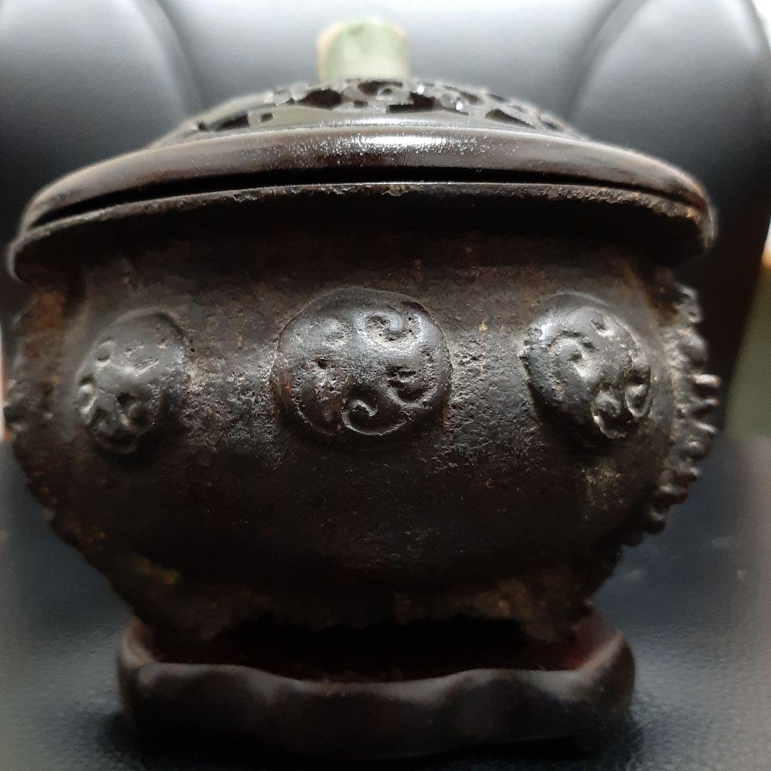 希少　古い銅香炉　香道具　唐木蓋　唐木台座　翡翠摘み　古美術　中国美術