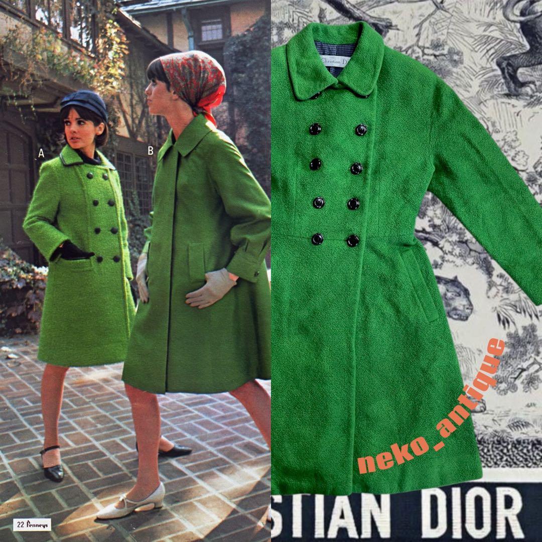 貴重希少クリスチャンディオールDior ウールツイード丸襟プリーツコートグリーン