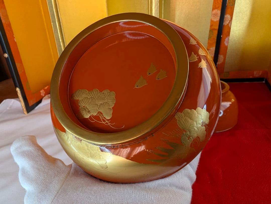 明治時代 輪島塗 金蒔絵 蓋付椀 波千鳥 2客 木製 汁椀 吸物椀 雑煮椀