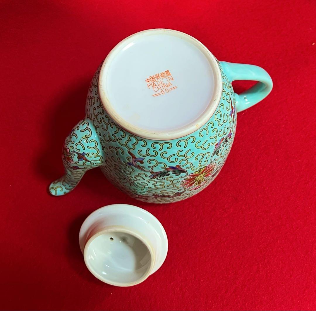 中国美術 粉彩福壽双全蝙蝠 壽 花柄 大茶壺 大急須 水注 中國景德鎮 茶道具