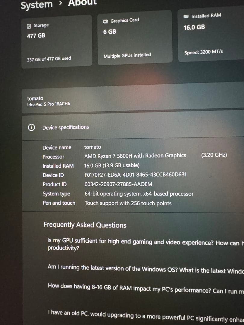 Windowsノート本体 Lenovo Ideapad pro5 GTX 1650 Ryzen 5800H