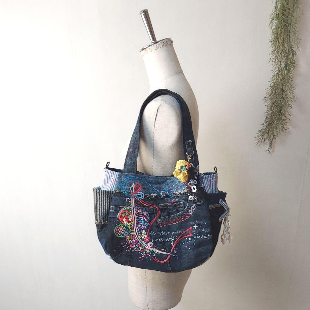 【ぽこぽん】刺繍デニムバックNo.633　刺繍ポーチNo.183