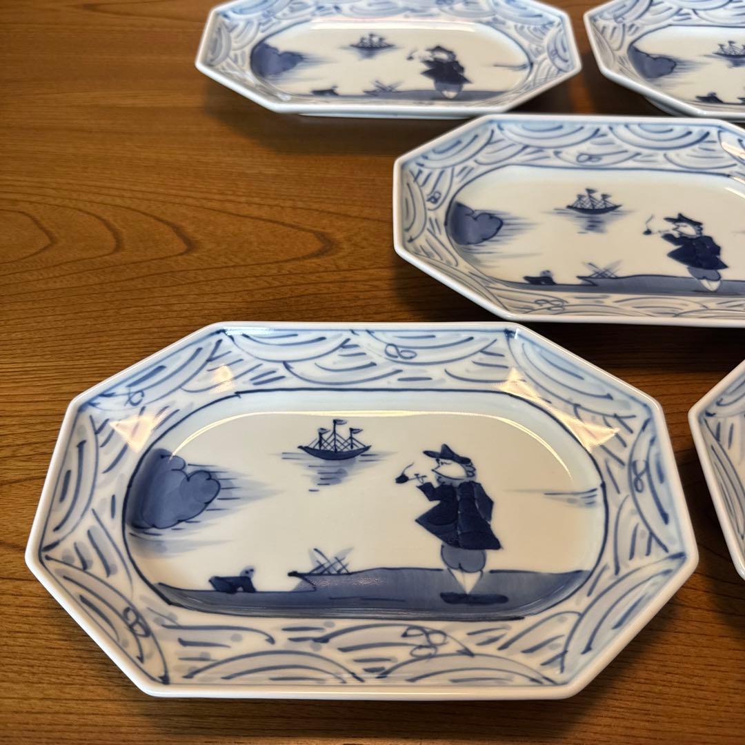 有田焼　青花　八画長角皿5枚セット