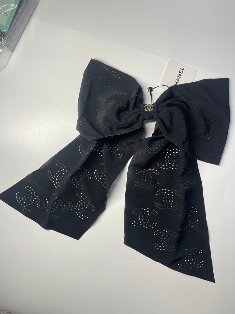 CHANEL23Bココステッチ総柄シフォンリボン付バレッタ