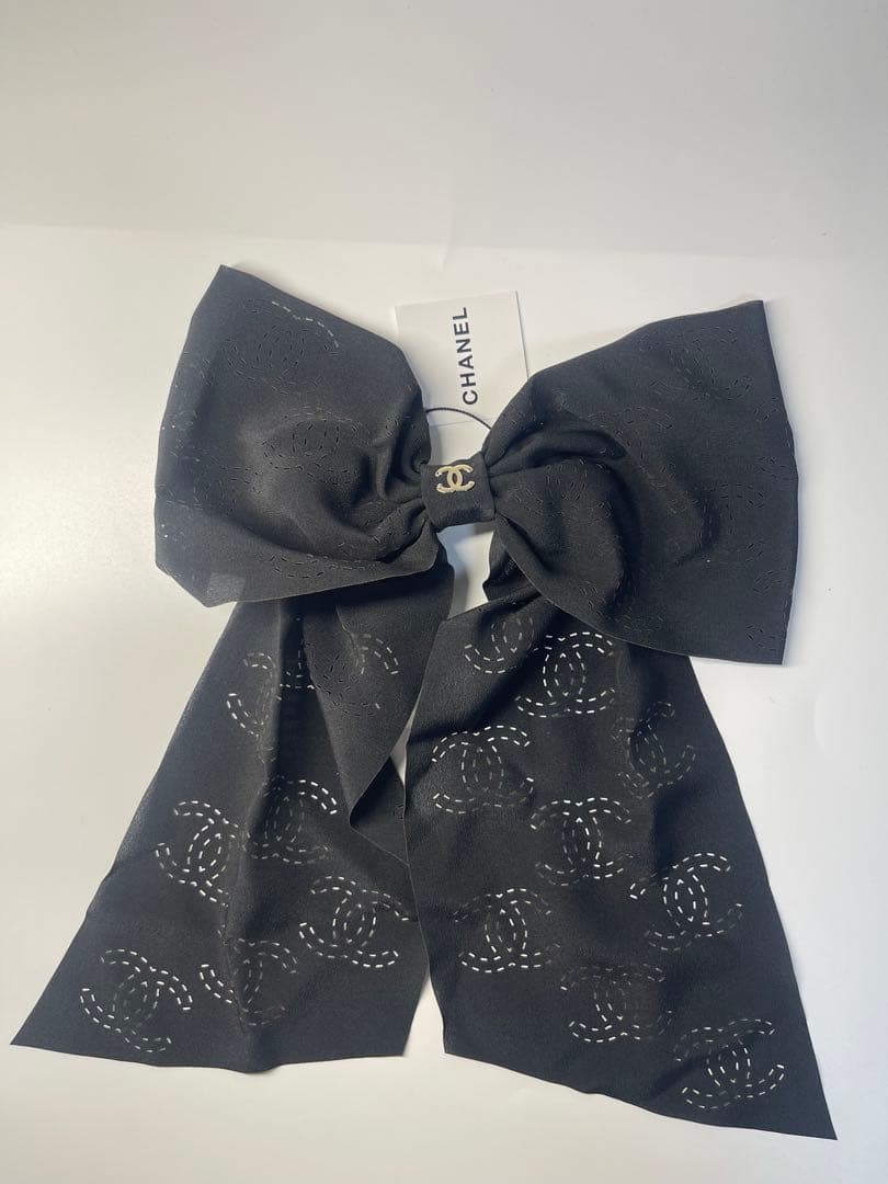 CHANEL23Bココステッチ総柄シフォンリボン付バレッタ