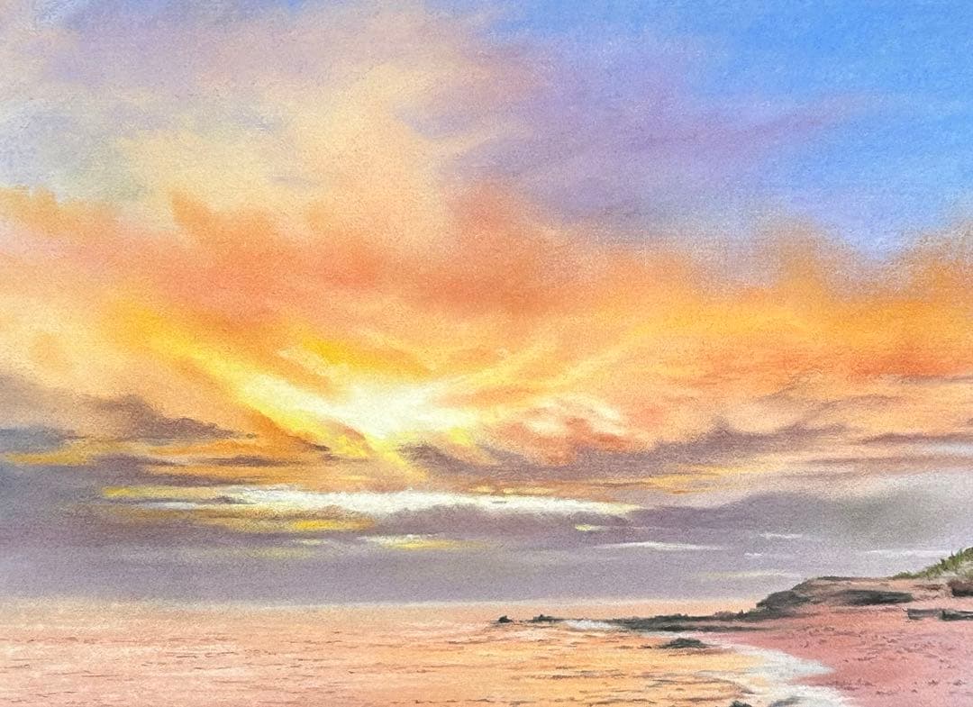 夕陽に輝く海 パステル画 原画
