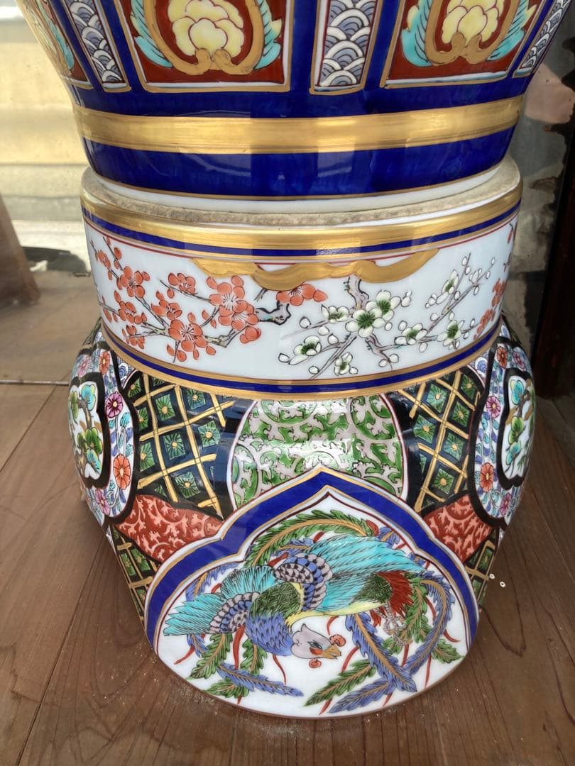 飾壺　豪華大壺　花鳥図染錦　獅子　有田焼　床壺　未使用品