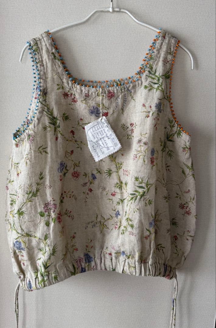 ４５R インド綿麻ダンガリー二重織フラワープリントのぽよんキャミソール