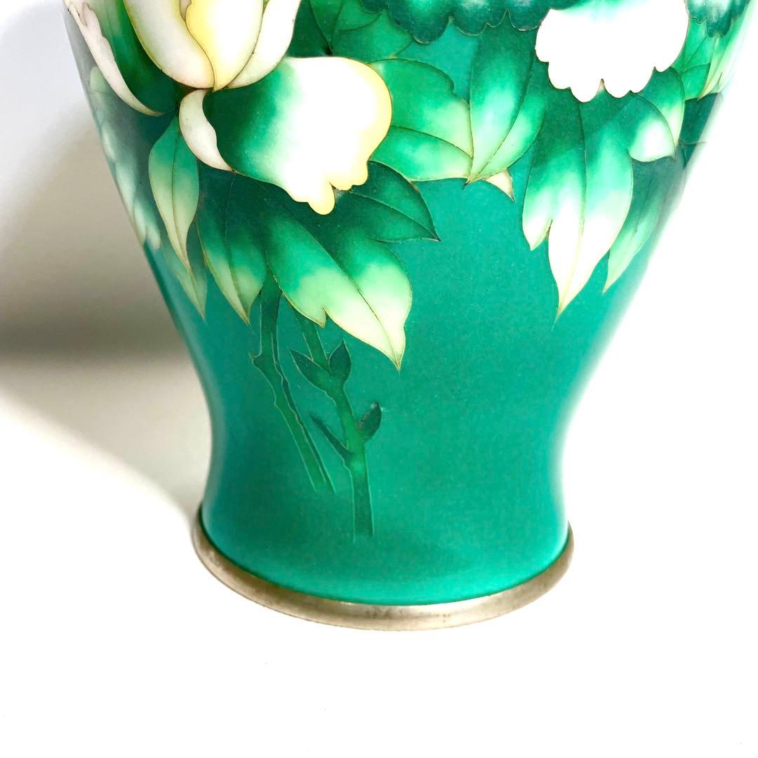 『美術七宝焼』　花瓶　緑牡丹　壺　陶磁器　花柄