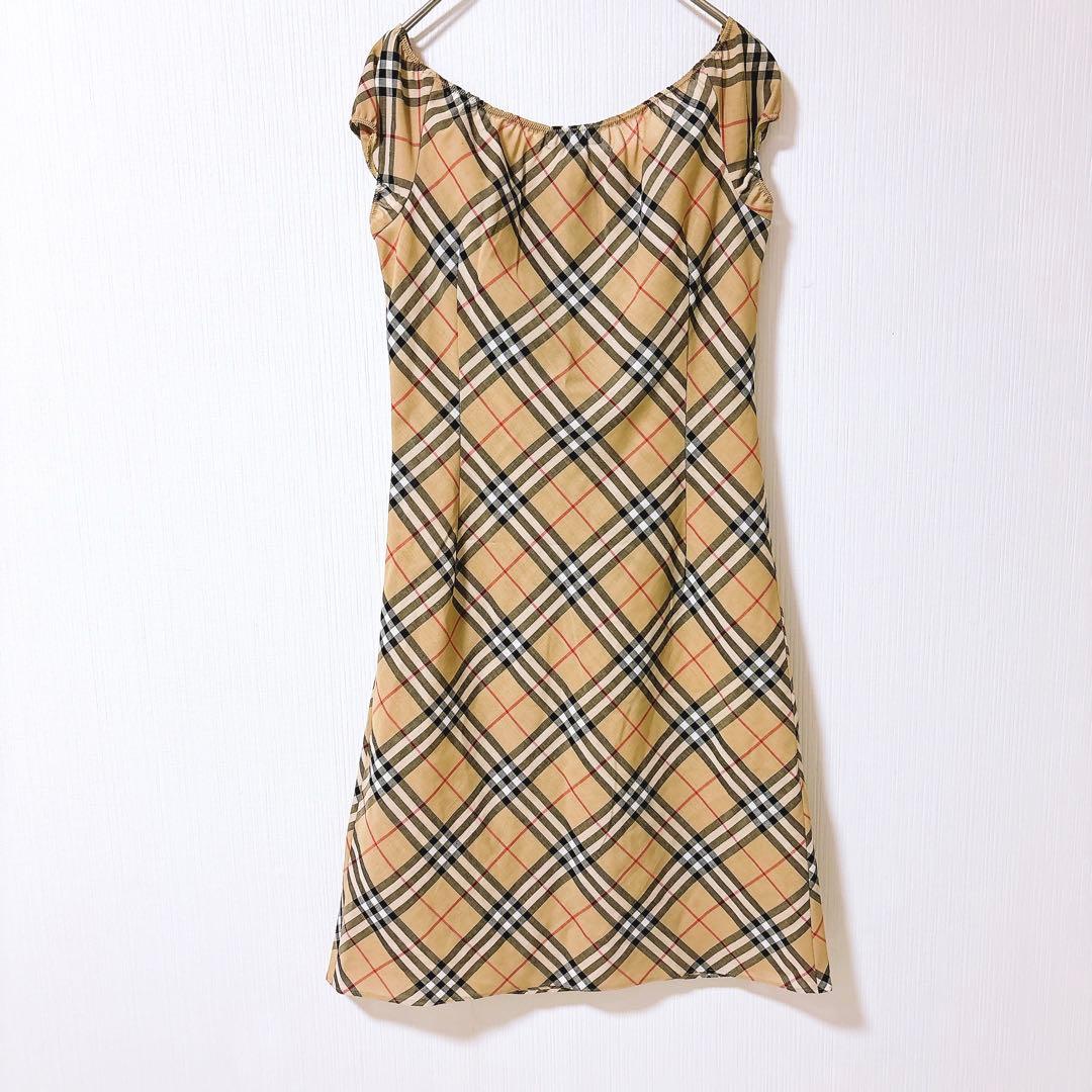 【美品】バーバリーブルーレーベル　ノバチェック　ワンピース　リボン　半袖　ウール