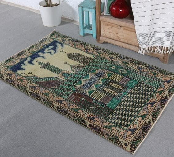 トルコ ヴィンテージラグ A1 レア イエロー グリーン ネイビー ピンク