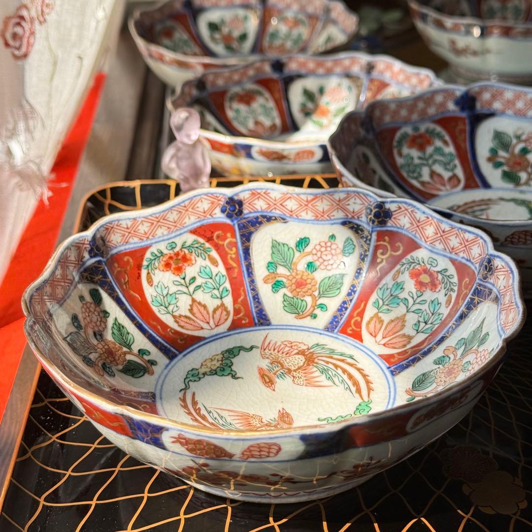 2189様感謝‼️節目に明治上手柿右衛門手『桐花鳳凰文様』切支丹皿松梅桐菊5客