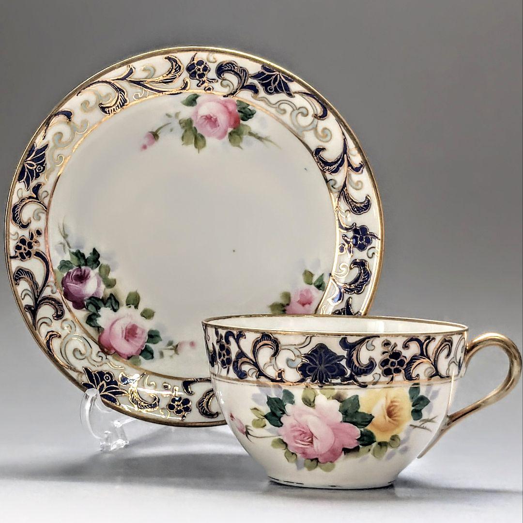 オールドノリタケ銘品!! 　金彩藍帯薔薇図紋　キャビネットカップ＆ソーサー
