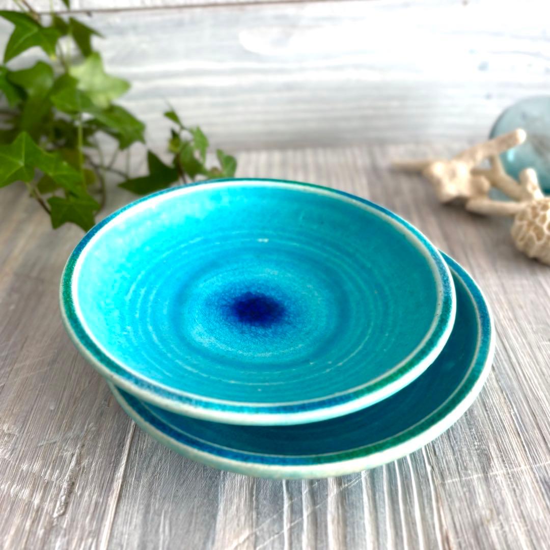 ガラス彩陶器 中皿 沖縄オーシャンブルー 2枚セット