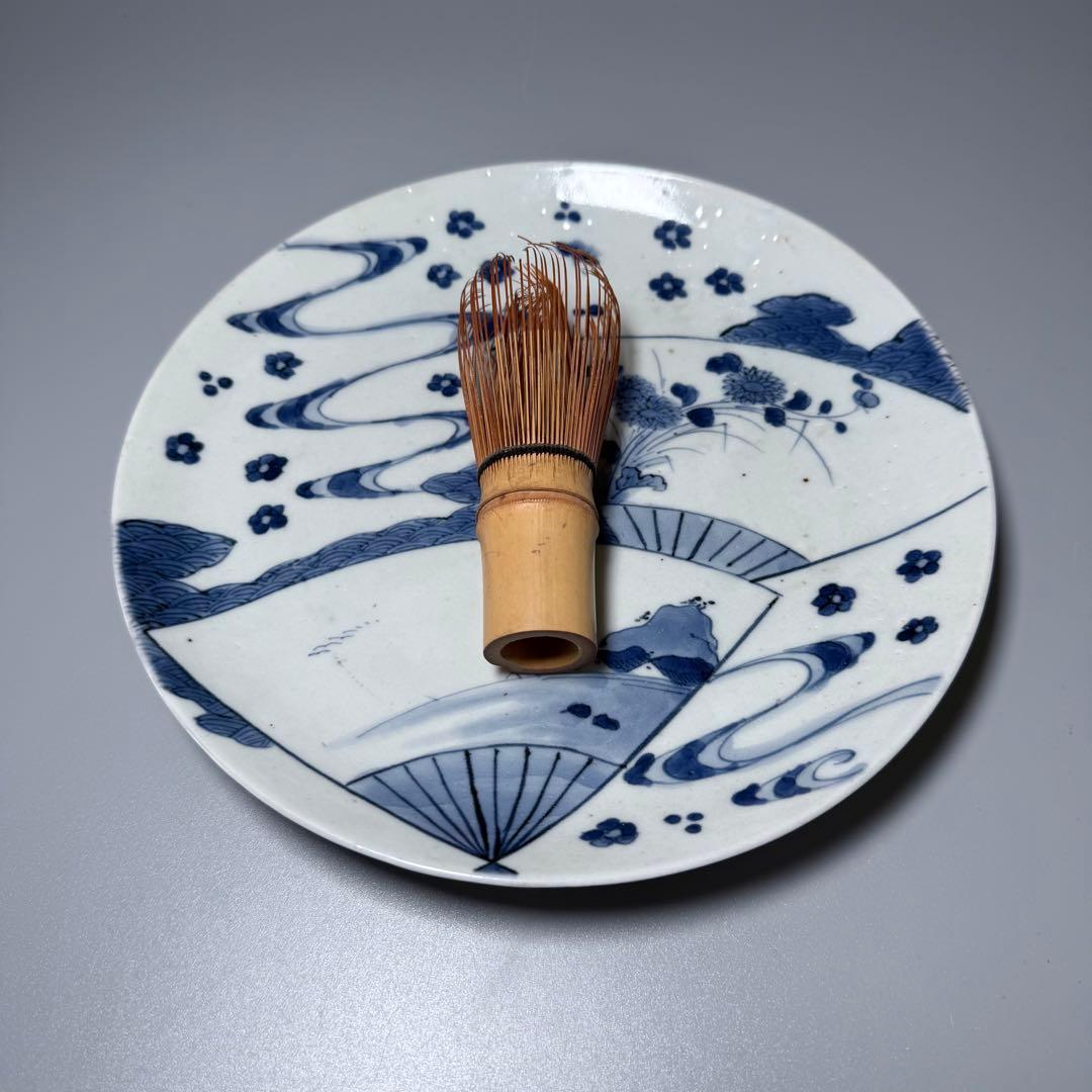 江戸中期　染付扇子文七寸皿　青海波　裏唐草文　コレクター放出品　状態◎ 寛政元禄
