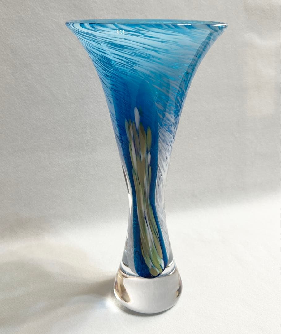 吹きガラス 花瓶 ブルー×ホワイト 約30cm イタリアアート 花器 インテリア