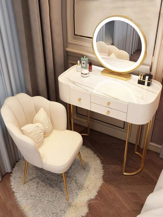 北欧風  グレー80cm オシャレドレッサーレザー調 大理石天板 LEDミラー