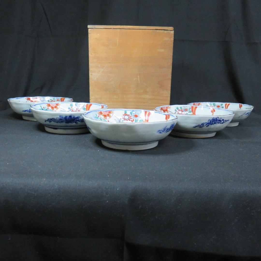 なます皿 5客 松竹梅 色絵付 見込印判 唐草 花文様 明治 木箱