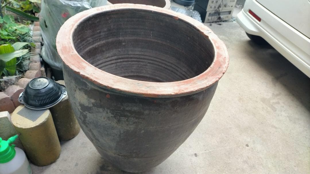 陶器製円筒形水鉢 グレー茶色 ◆【 旧家土蔵品 】 ◆《特大 壺 》◆