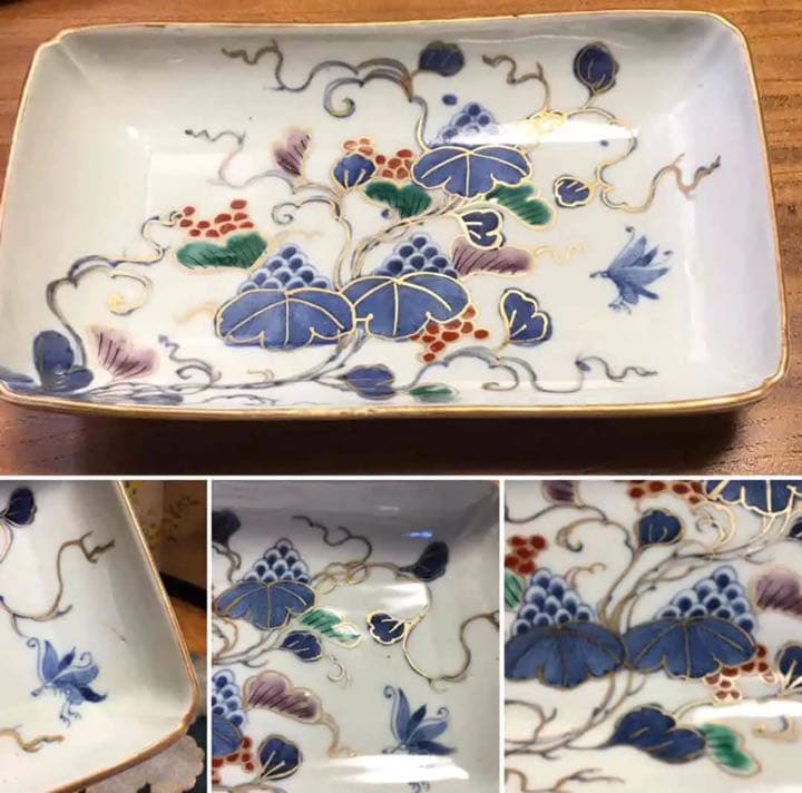 A491. 古伊万里　染錦手　山葡萄に蝶紋様　　隅入　7寸　角皿　5枚　（箱付）