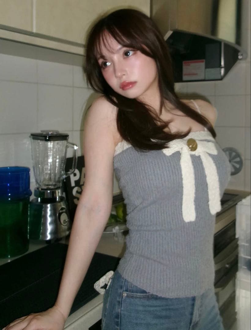 トップス andmary / Bicolor ribbon tops / white