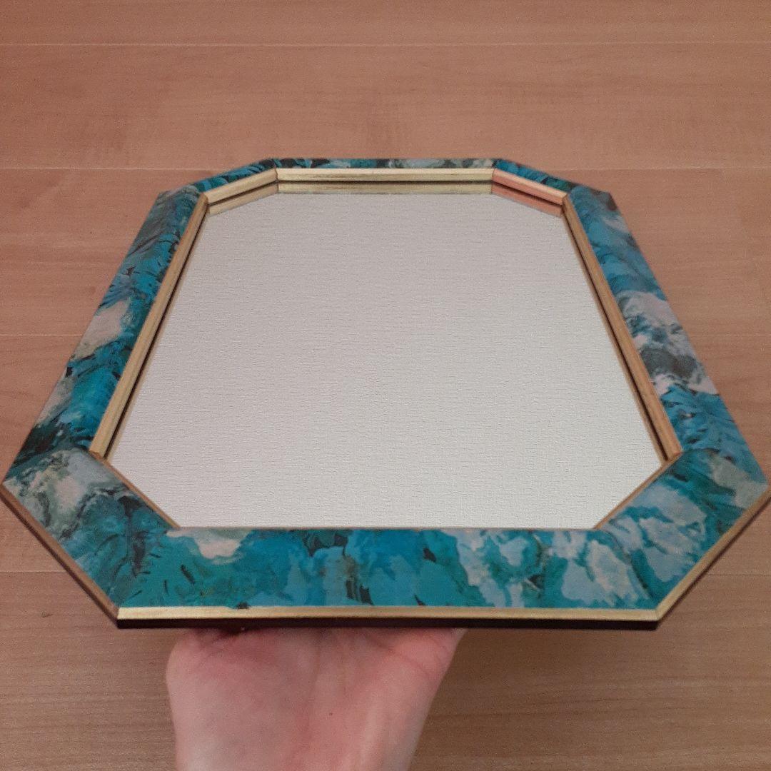 青と金の八角形壁掛け鏡　アンティーク
