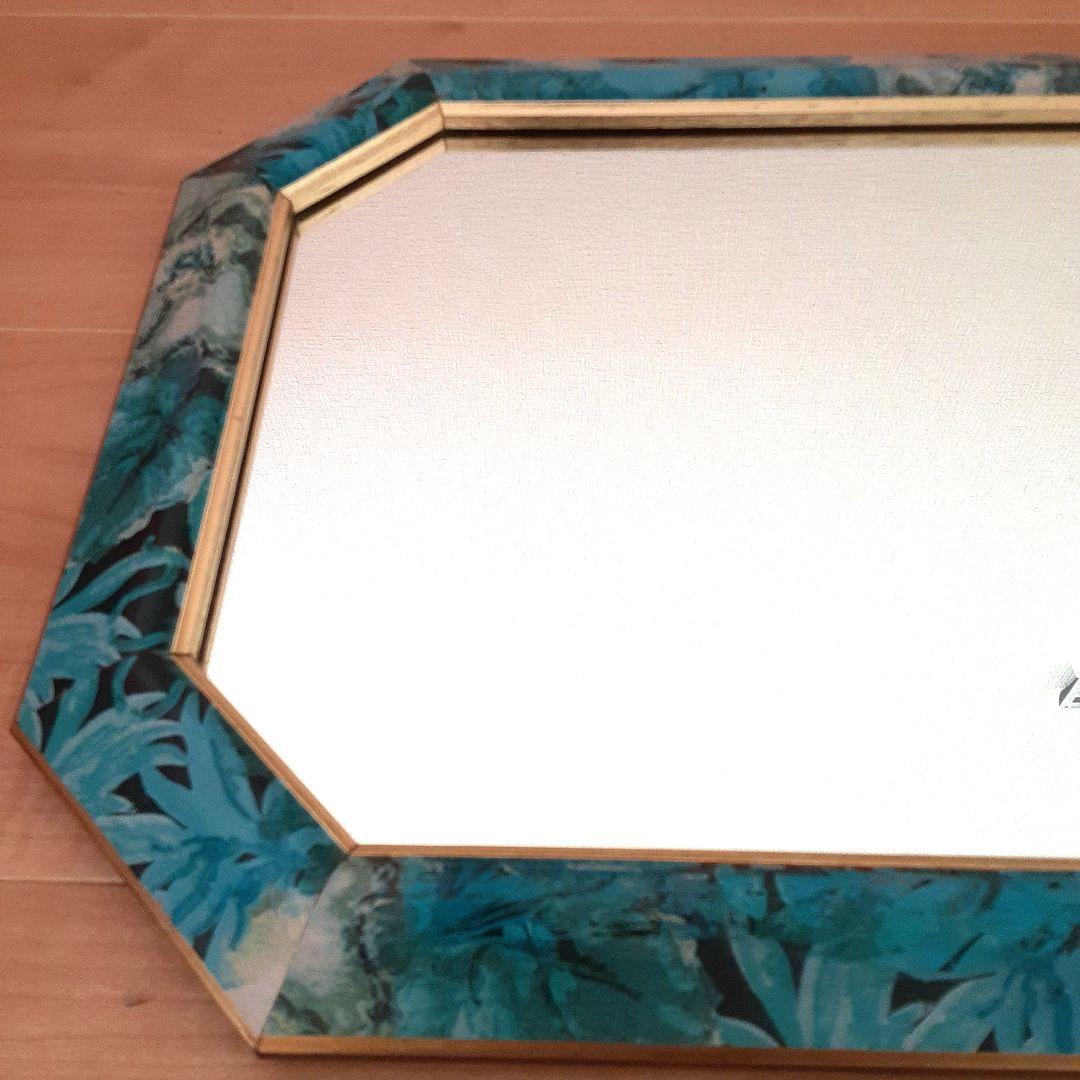 青と金の八角形壁掛け鏡　アンティーク