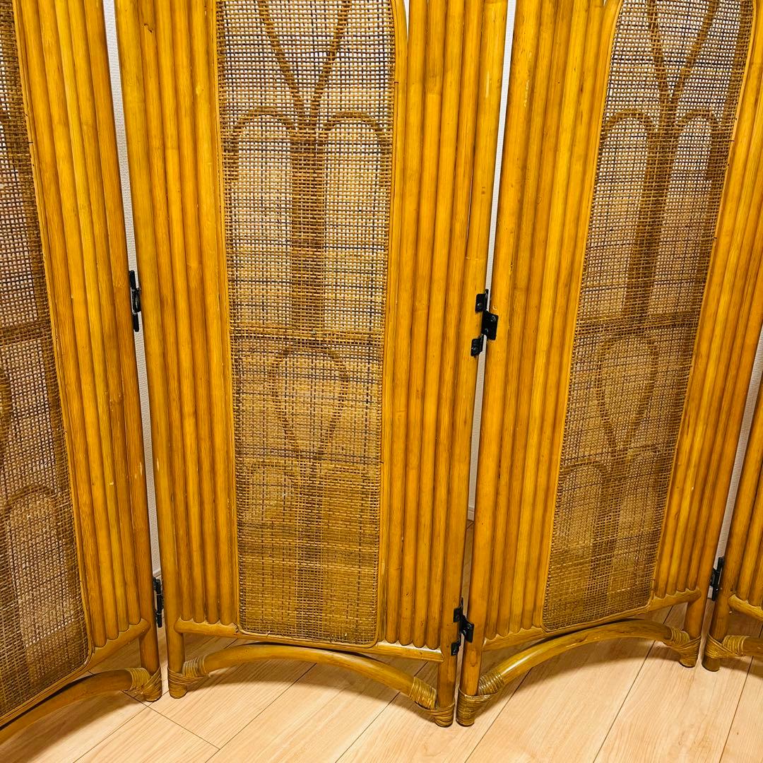 昭和レトロ エスニック 4連衝立 ラタンパーテーション 間仕切り パーティション