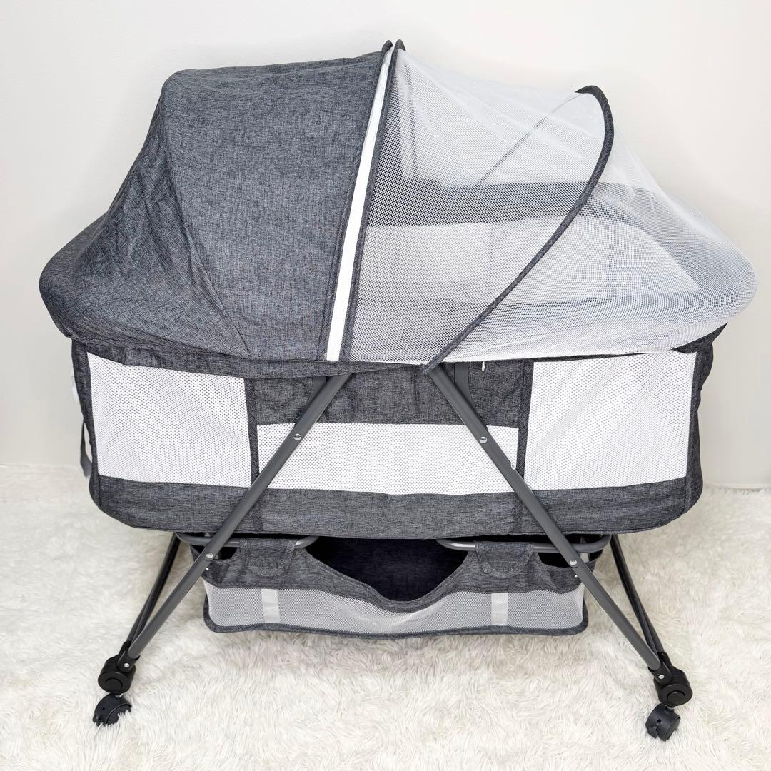 極美品 簡易ベビーベッド 移動式 折りたたみ 蚊帳 荷物入れ 収納バッグ