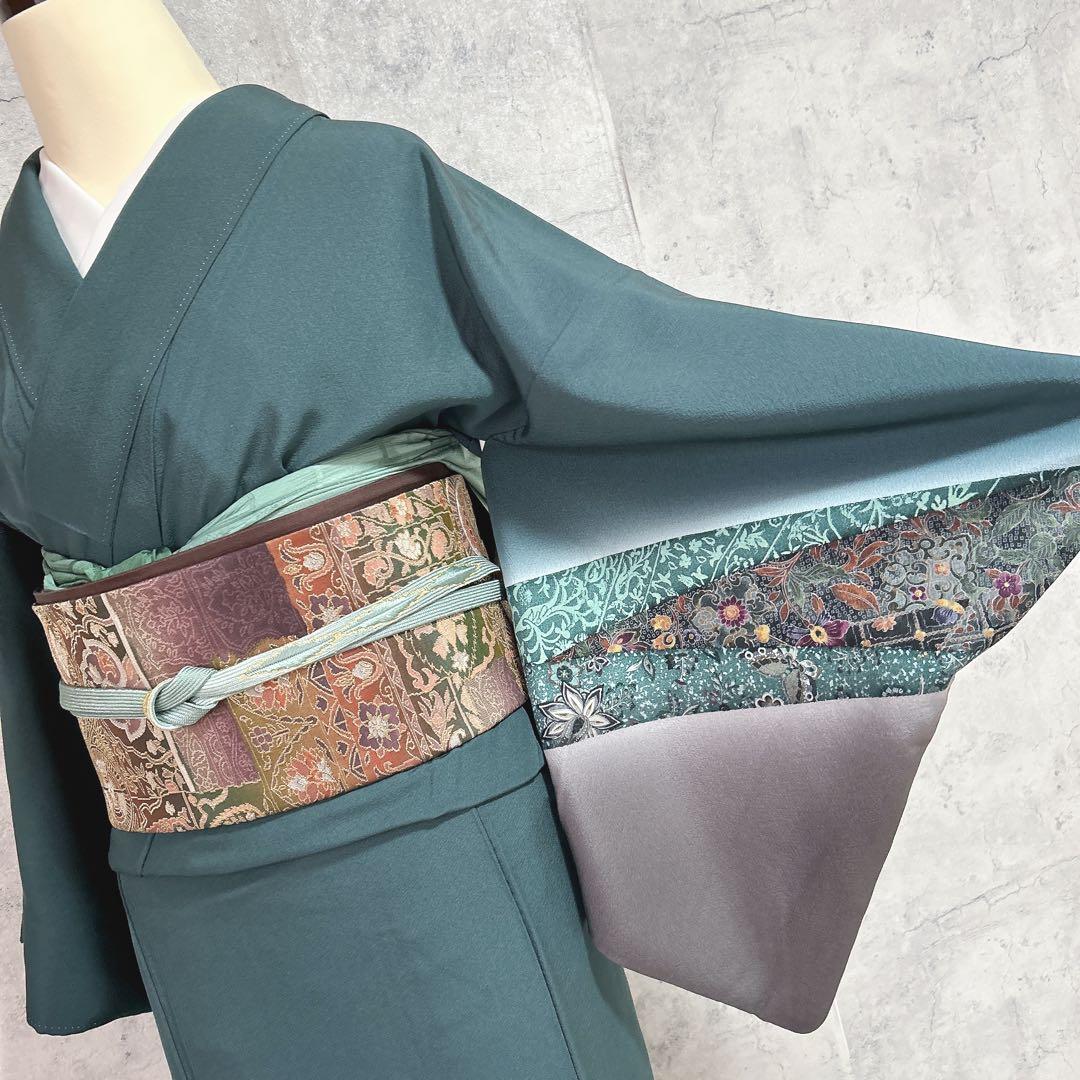 訪問着フルセット　着物　正絹　更紗模様　ターコイズブルー　付け下げ　シャレ帯