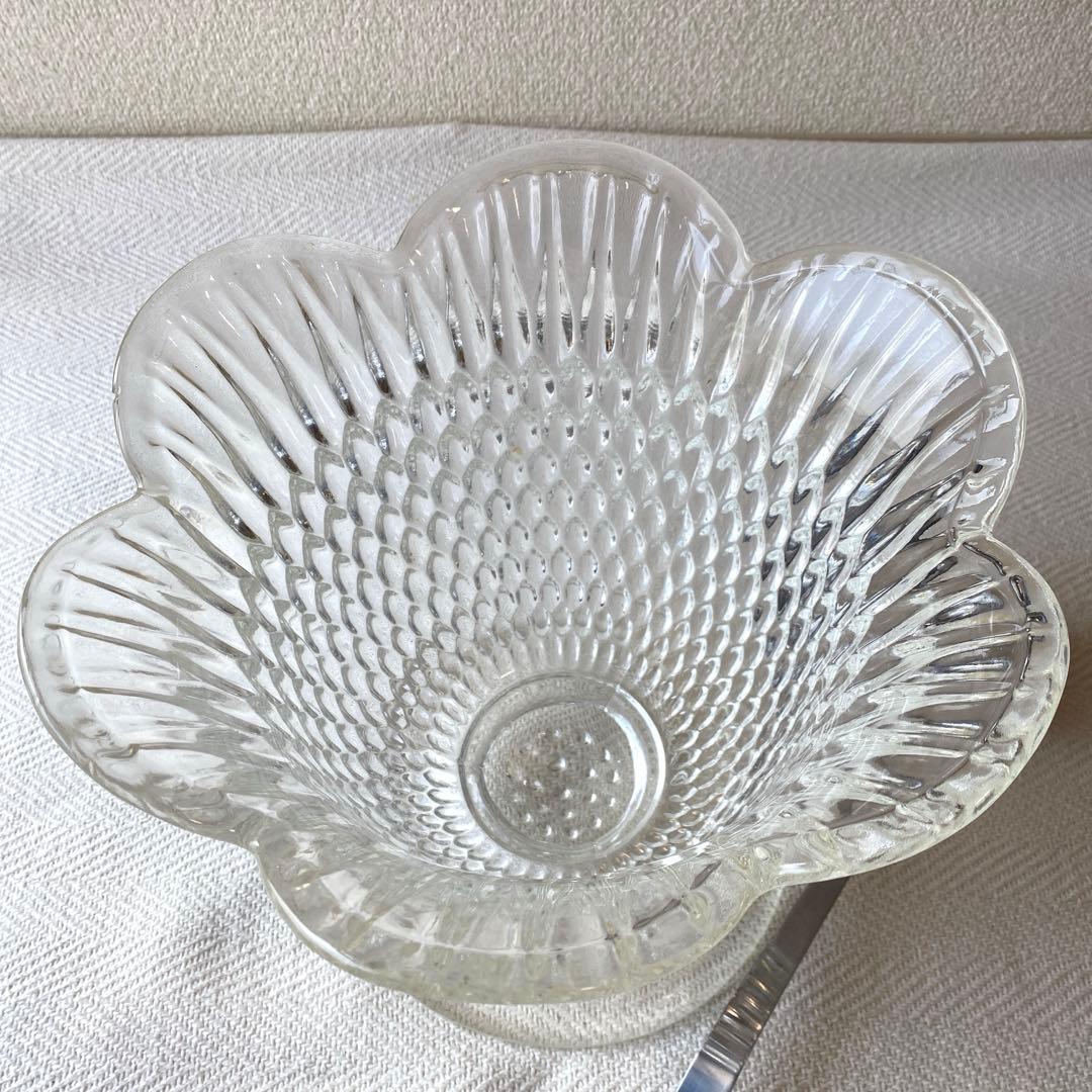 ①70年代 フルーツポンチ クリアプレスガラス 器 大型 花型 お玉付