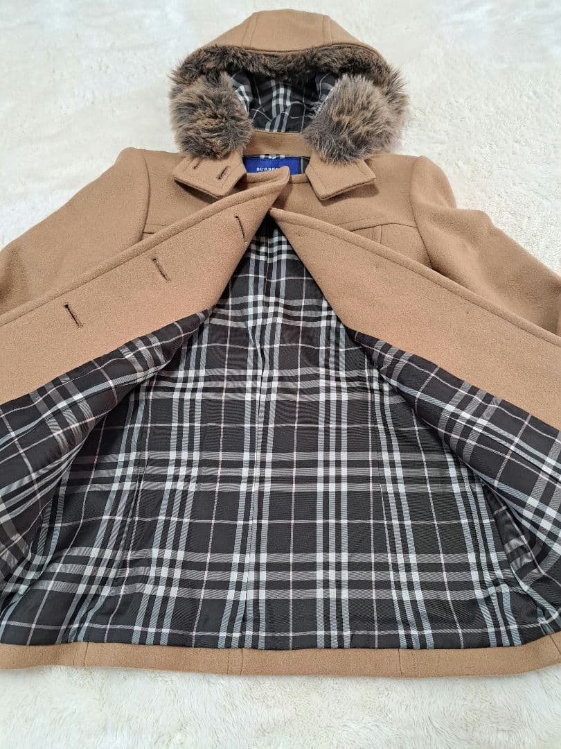 バーバリーブルーレーベル　ウールコート　ノバチェック　ロゴボタン　キャメル　M