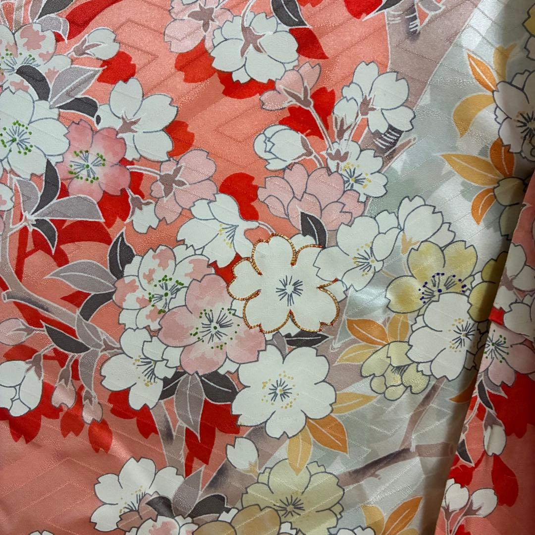 【美品】【振袖】総柄 桜 紗綾形地紋 朱色×アイボリー 卒業式 袴用にも