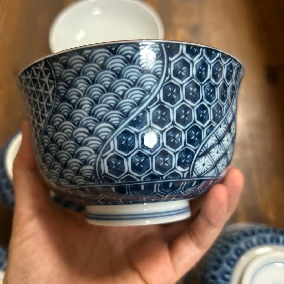 有田焼　飛鳥窯　染付祥瑞　蓋付き丼ぶり揃　5客セット　青海波　古伊万里