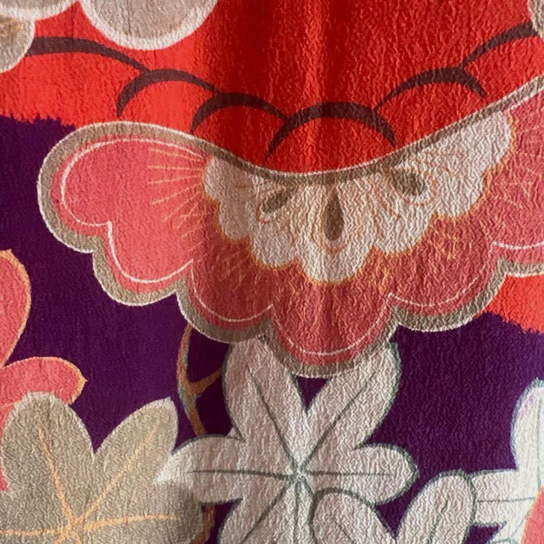 5995◆アンティーク女の子着物時代物縮緬紫朱セピア松楓舟時代古裂品格ある逸品