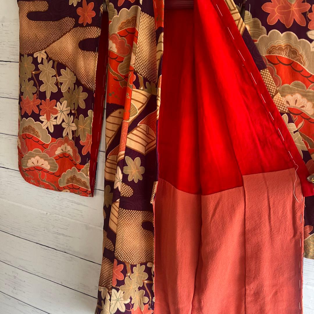 5995◆アンティーク女の子着物時代物縮緬紫朱セピア松楓舟時代古裂品格ある逸品