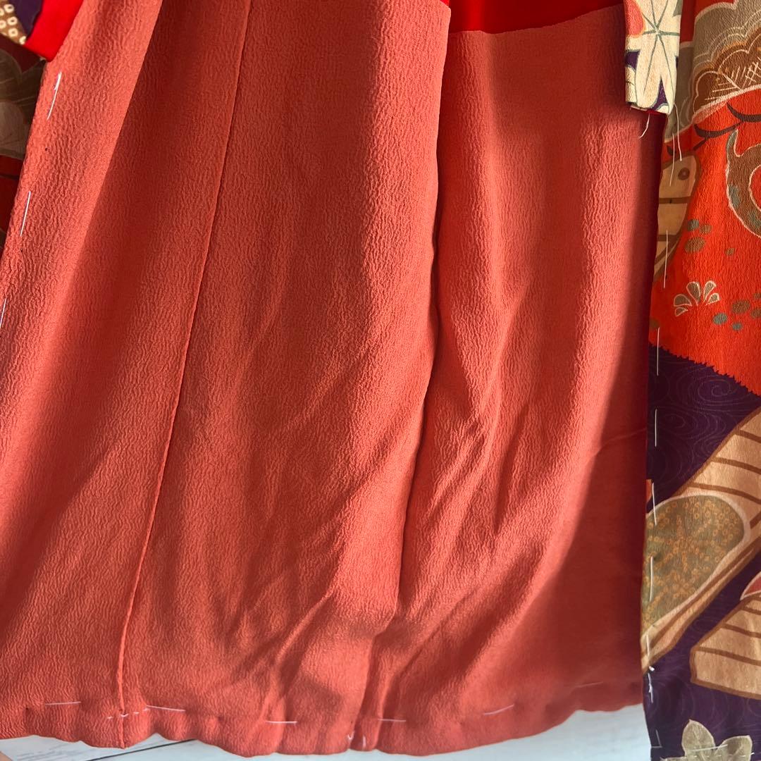 5995◆アンティーク女の子着物時代物縮緬紫朱セピア松楓舟時代古裂品格ある逸品