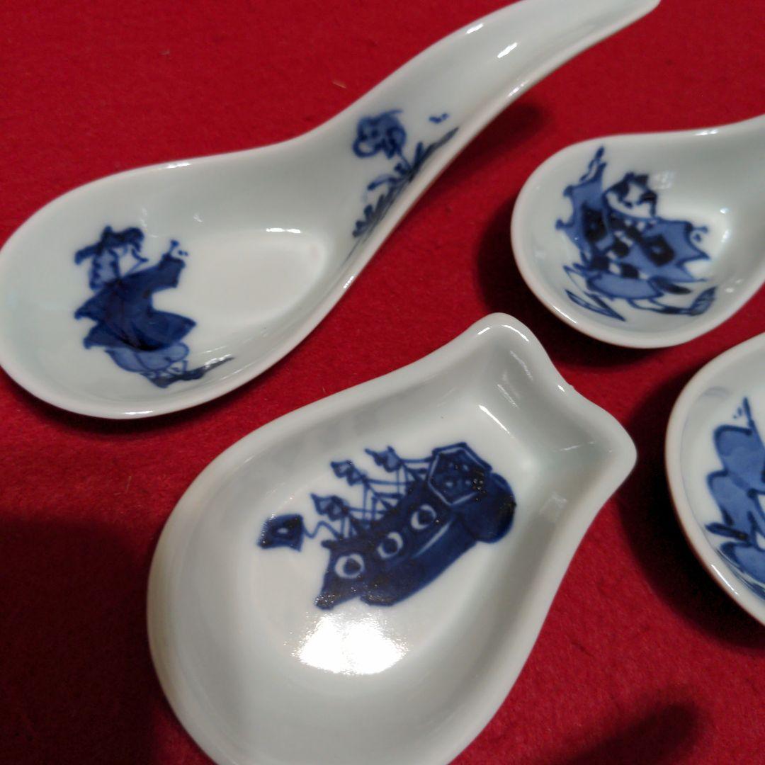 有田焼　しん窯　青花　手描き　レンゲセット　５客　他４点