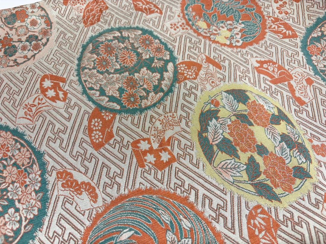 A 山喜織物謹製 萬葉 花々模様 グレー 正絹 全通 袋帯 O49