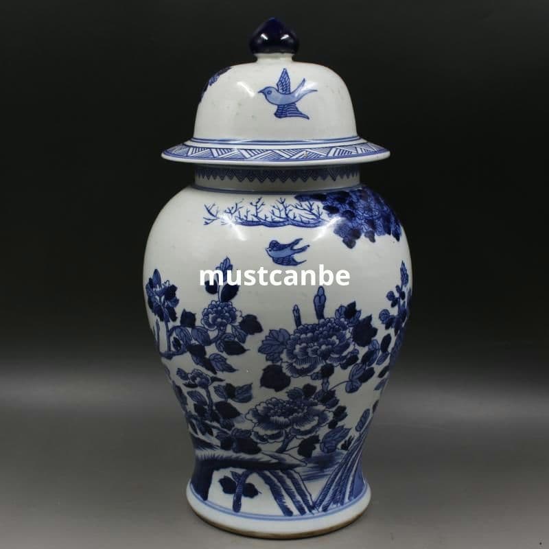 清康煕青花鳳凰牡丹将軍缶 景徳鎮 陶磁器 装飾品 現代工芸品 美術品 置物