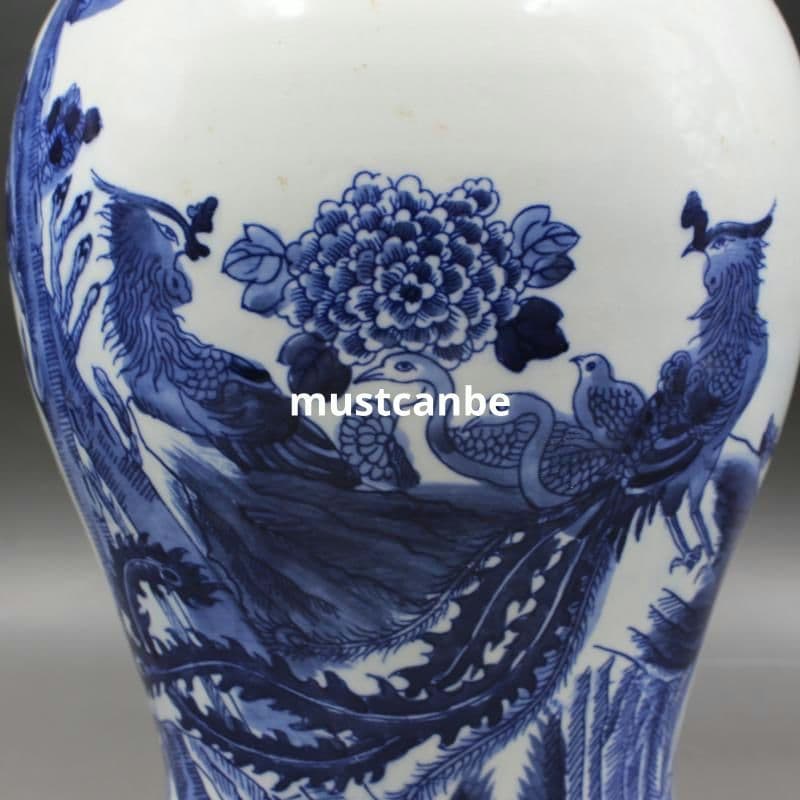 清康煕青花鳳凰牡丹将軍缶 景徳鎮 陶磁器 装飾品 現代工芸品 美術品 置物
