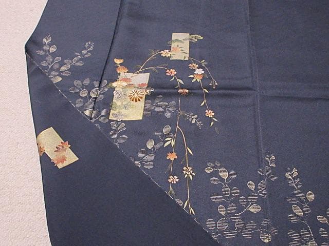 訪問着：美品：花短冊と枝垂れ桜と萩：紺色 袷着物：P43