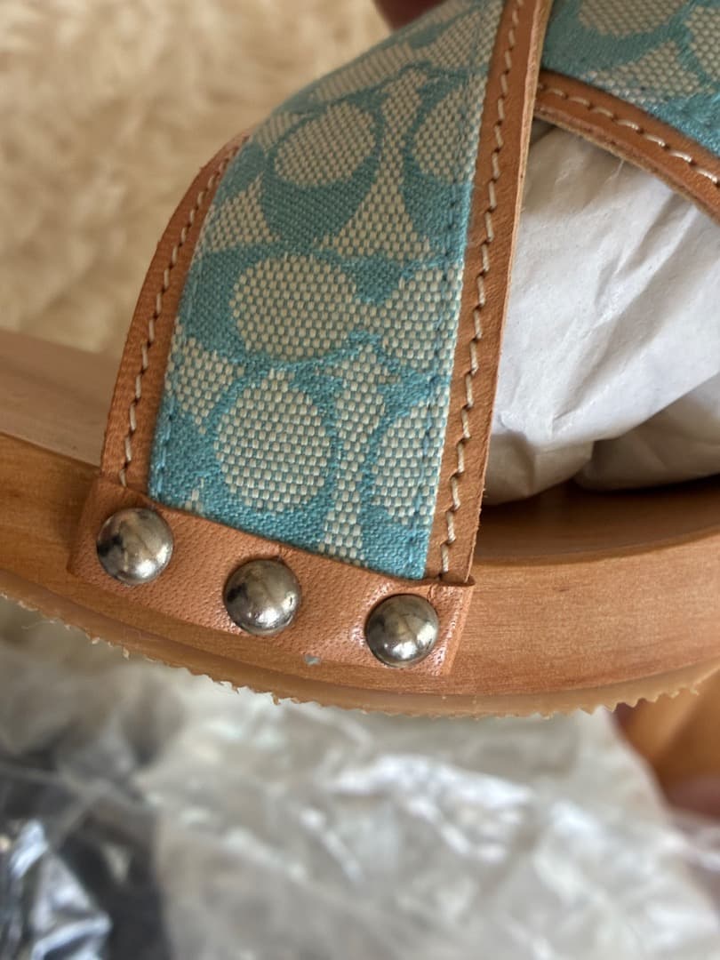 稀少　未使用品　ヴィンテージ　コーチシャロンブルー＆ブラウンレザー木製下駄