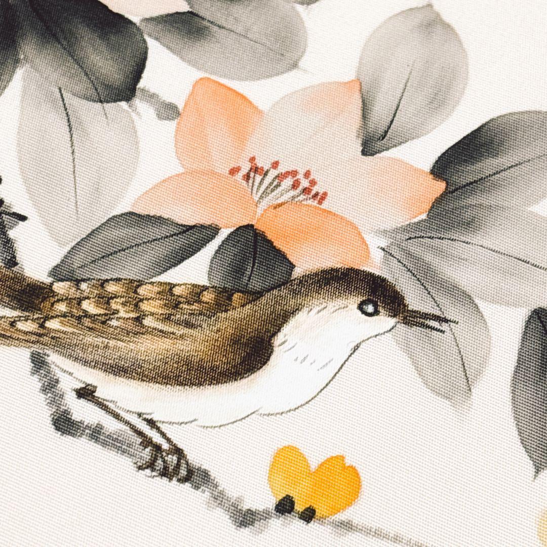 A 98未使用名古屋帯 塩瀬　9寸　雀と椿模様正絹 着物帯美品